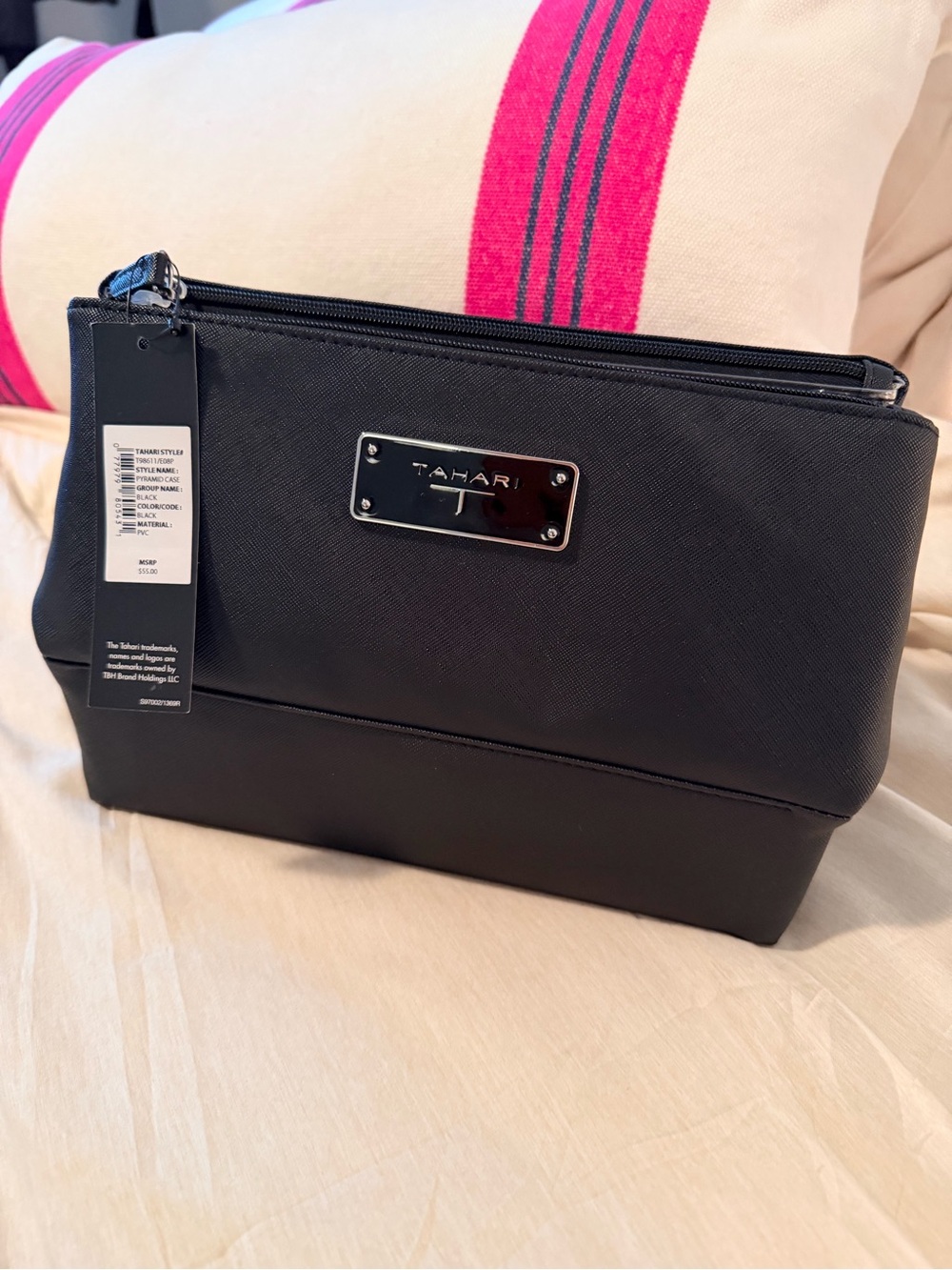 Tahari Black Textured Pyramid Travel /Cosmetic Case